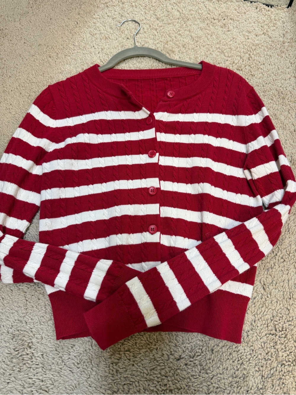 Striped Red and White Button-Front Women's Sweater